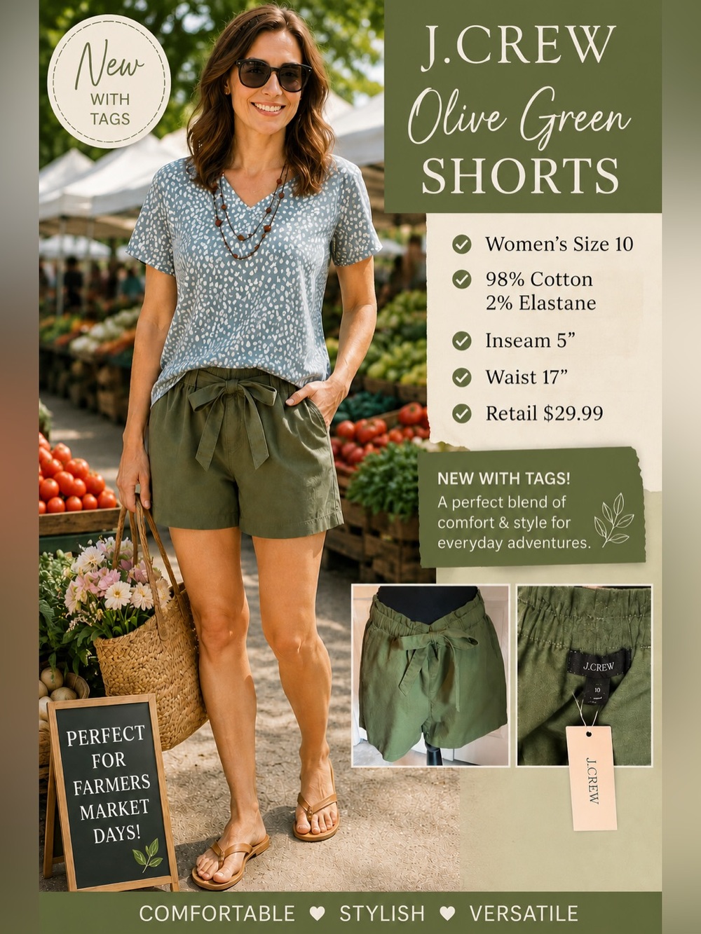 NEW WITH TAGS J. Crew Olive Green Women's Shorts with Front Tie—Size 10